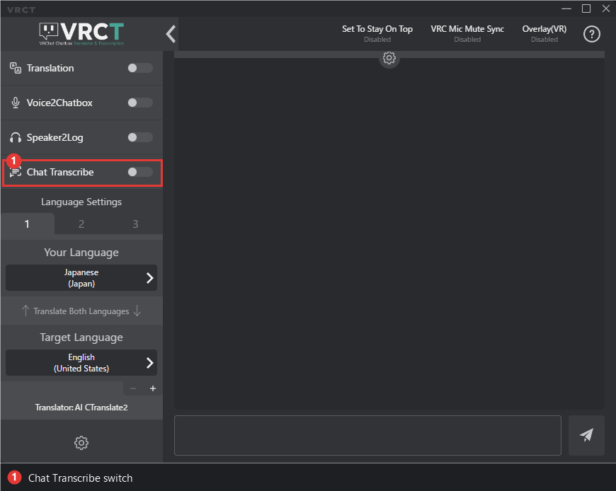 Chat Transcribe switch in the main window