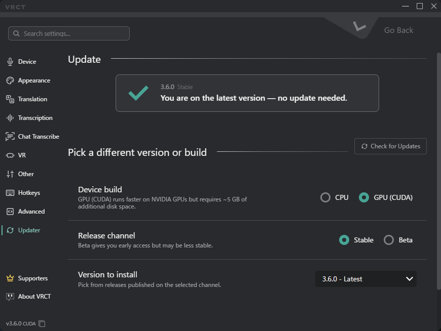 Updater tab: current status and choices