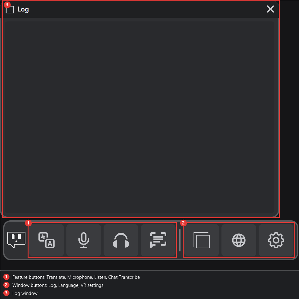VR UI panel: launcher bar and log window